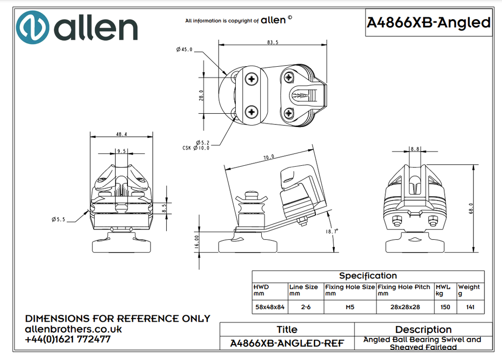 Small Swivel Ball Bearing Base & Cam Cleat For Skiff Angled