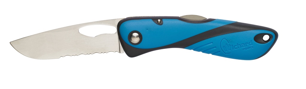 Couteau Offshore avec lame crantée, démanilleur, décapsuleur, épissoir et dragonne bleu