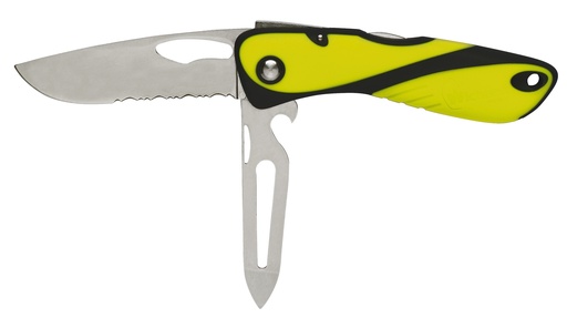 [WI10122] Couteau Offshore avec lame crantée, démanilleur, décapsuleur, épissoir et dragonne jaune fluorescent